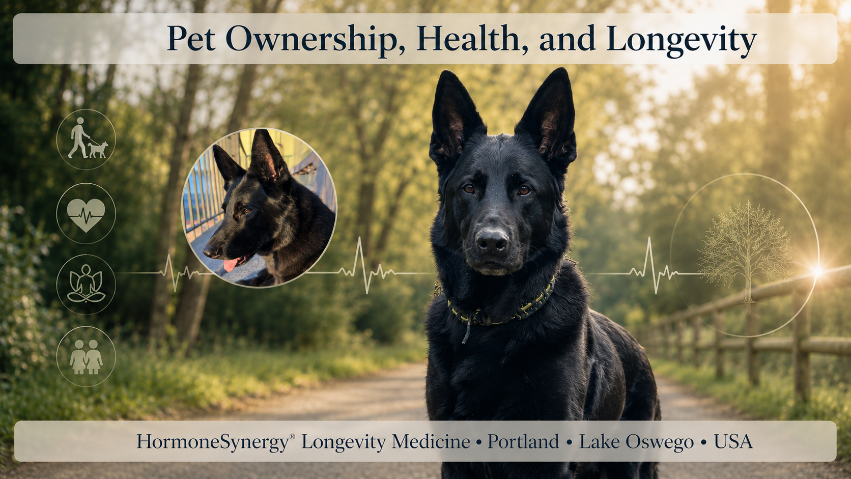 A man walking with a black German Shepherd on a quiet path, representing pet ownership, companionship, movement, grief, cardiovascular health, and longevity medicine.