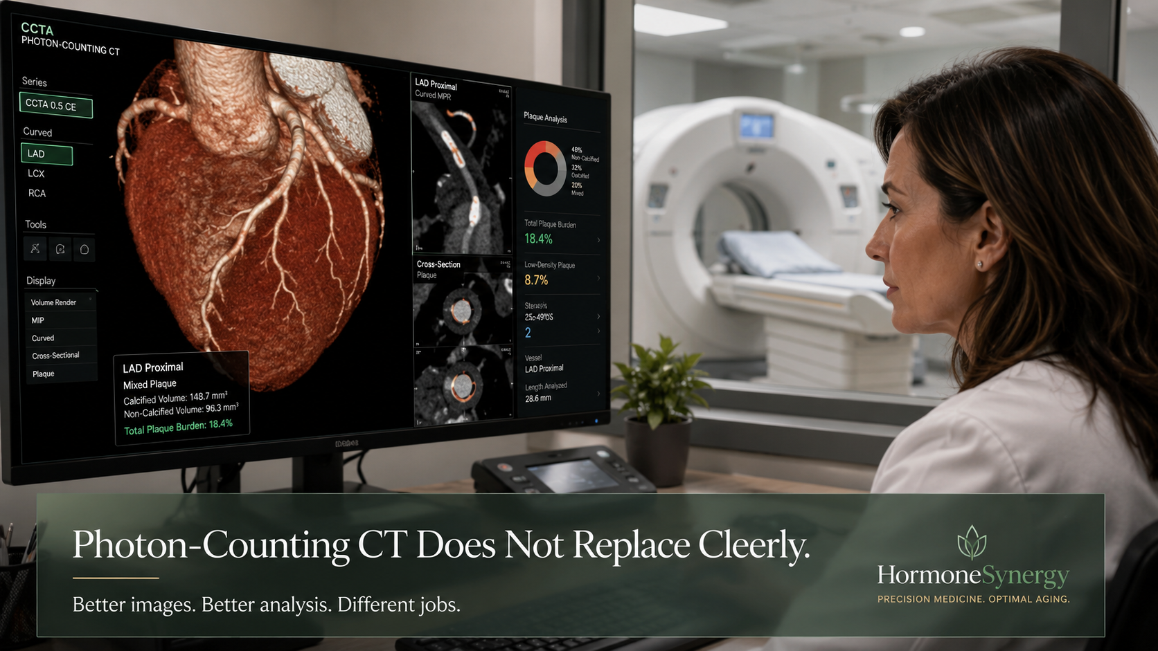 Female cardiac imaging physician reviewing a coronary CT angiogram from an advanced photon-counting CT scanner and evaluating coronary plaque.