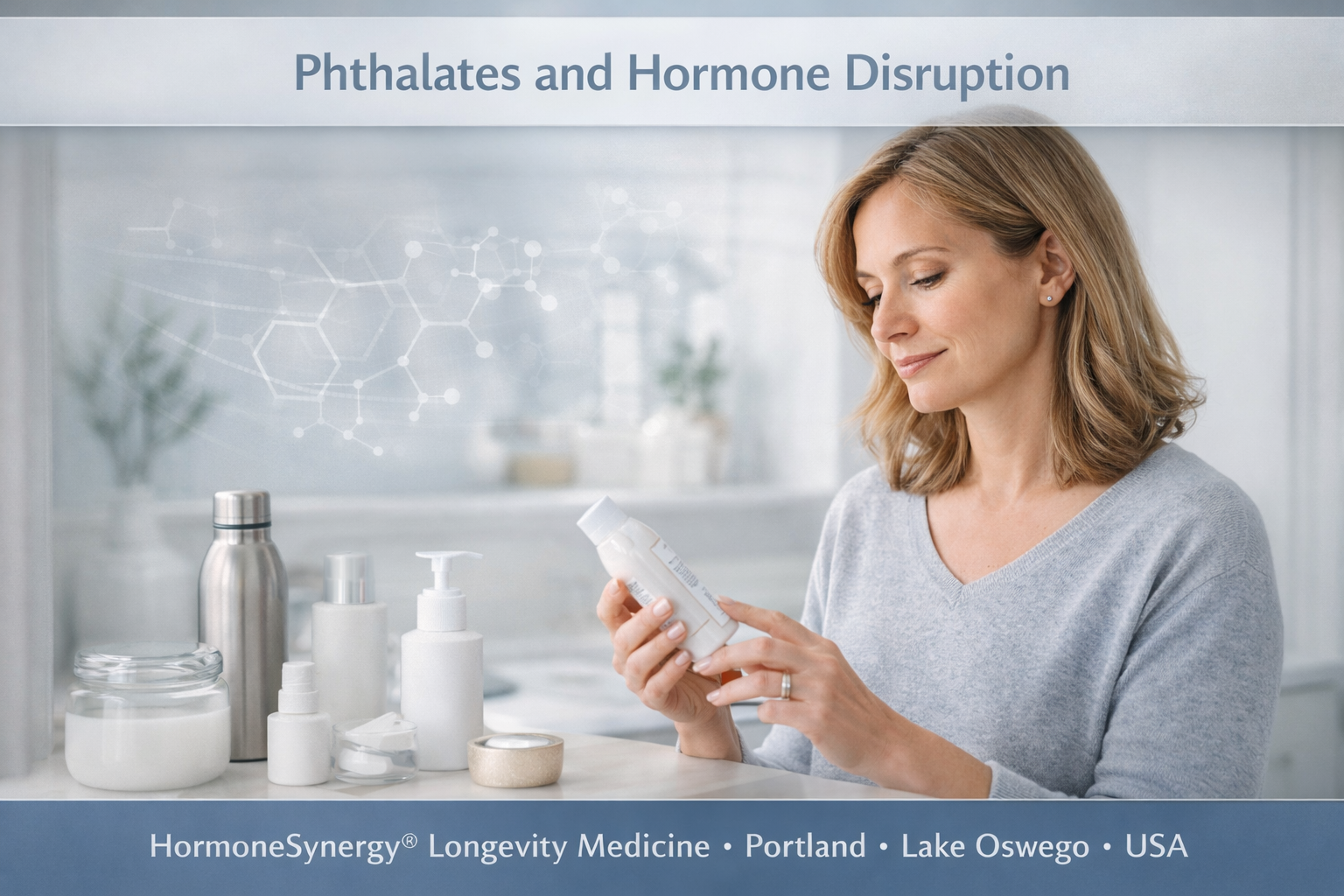 phthalates and hormone disruption showing a calm personal care product scene with subtle endocrine health imagery in HormoneSynergy®
