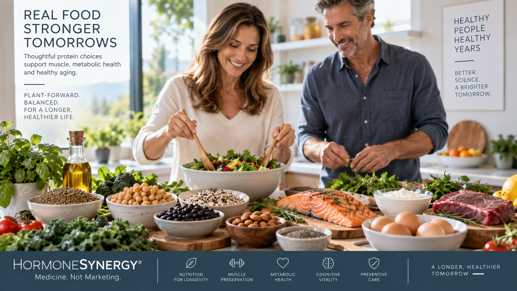 Plant and animal protein sources for longevity including legumes, nuts, salmon, yogurt and eggs in a plant-forward Mediterranean diet.