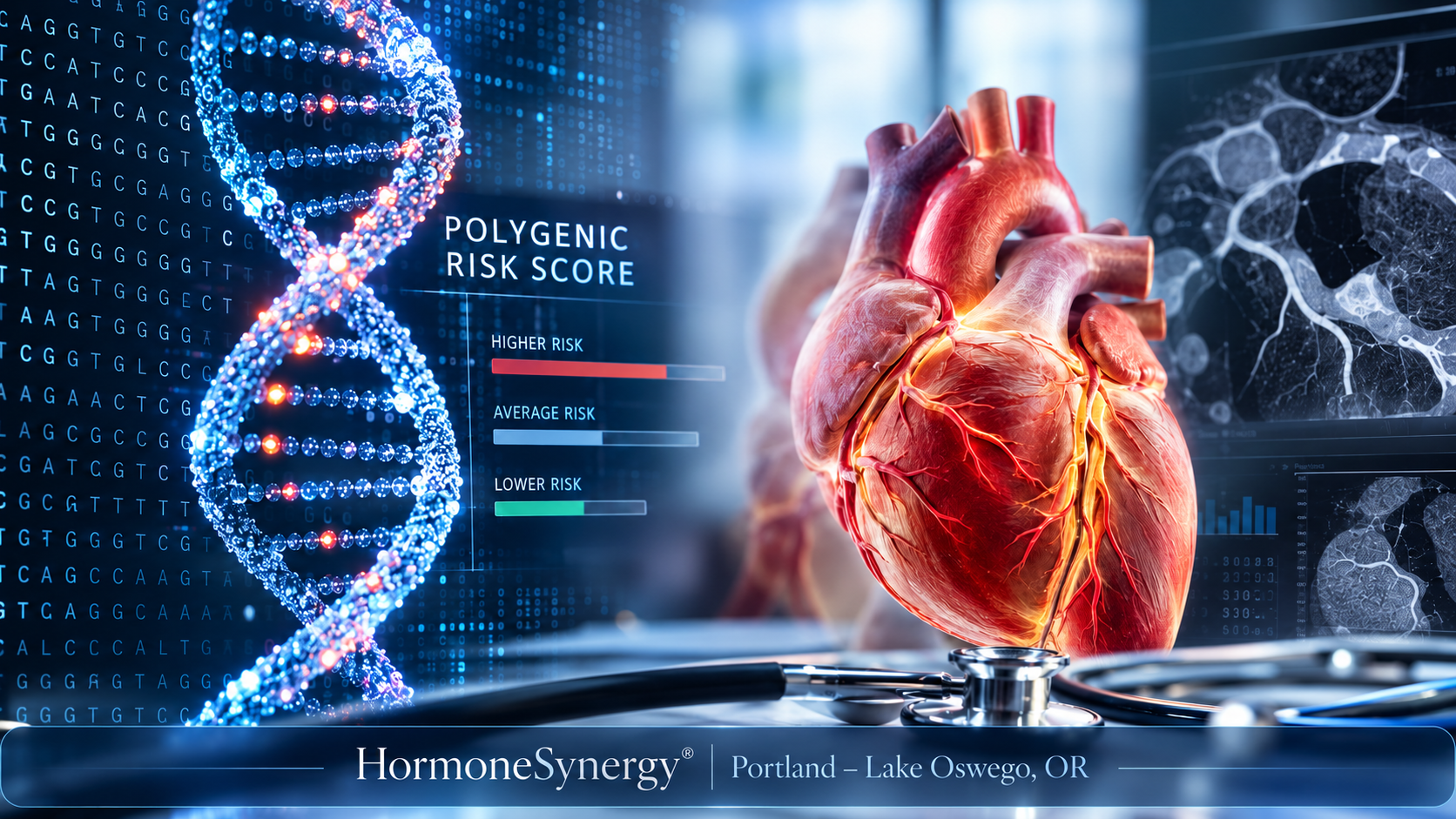 Physician reviewing polygenic genetic risk and coronary imaging for heart disease as part of preventive cardiology at HormoneSynergy® in Portland and Lake Oswego, Oregon.