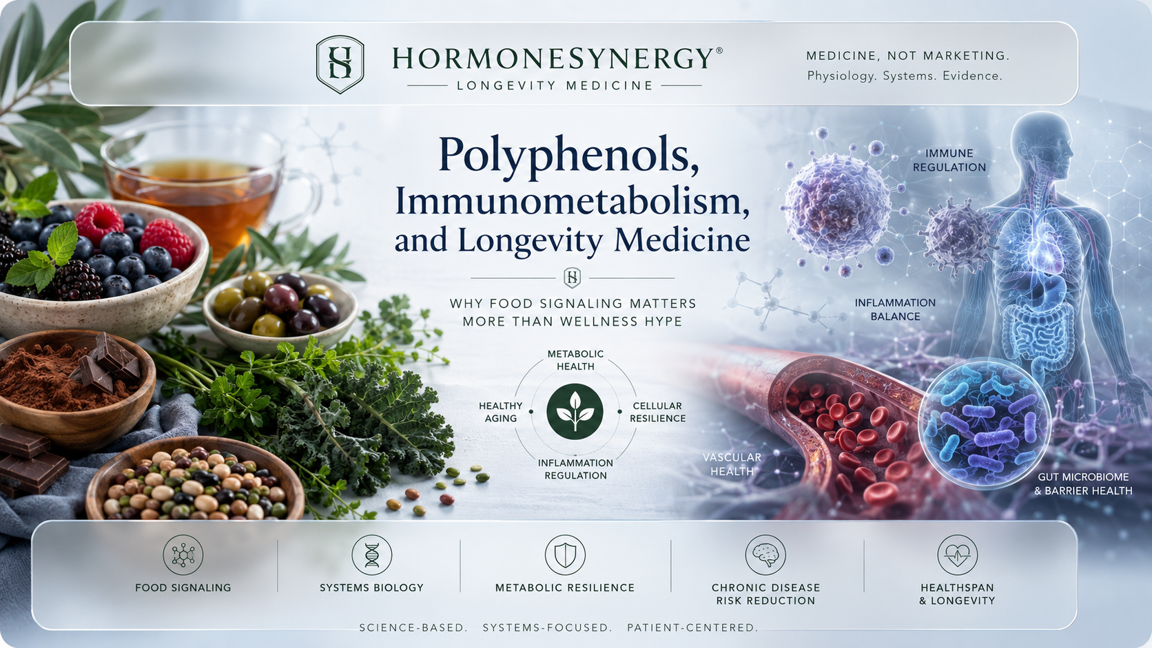 Polyphenols, immunometabolism, nutrition signaling, gut health, and longevity medicine educational illustration for HormoneSynergy®