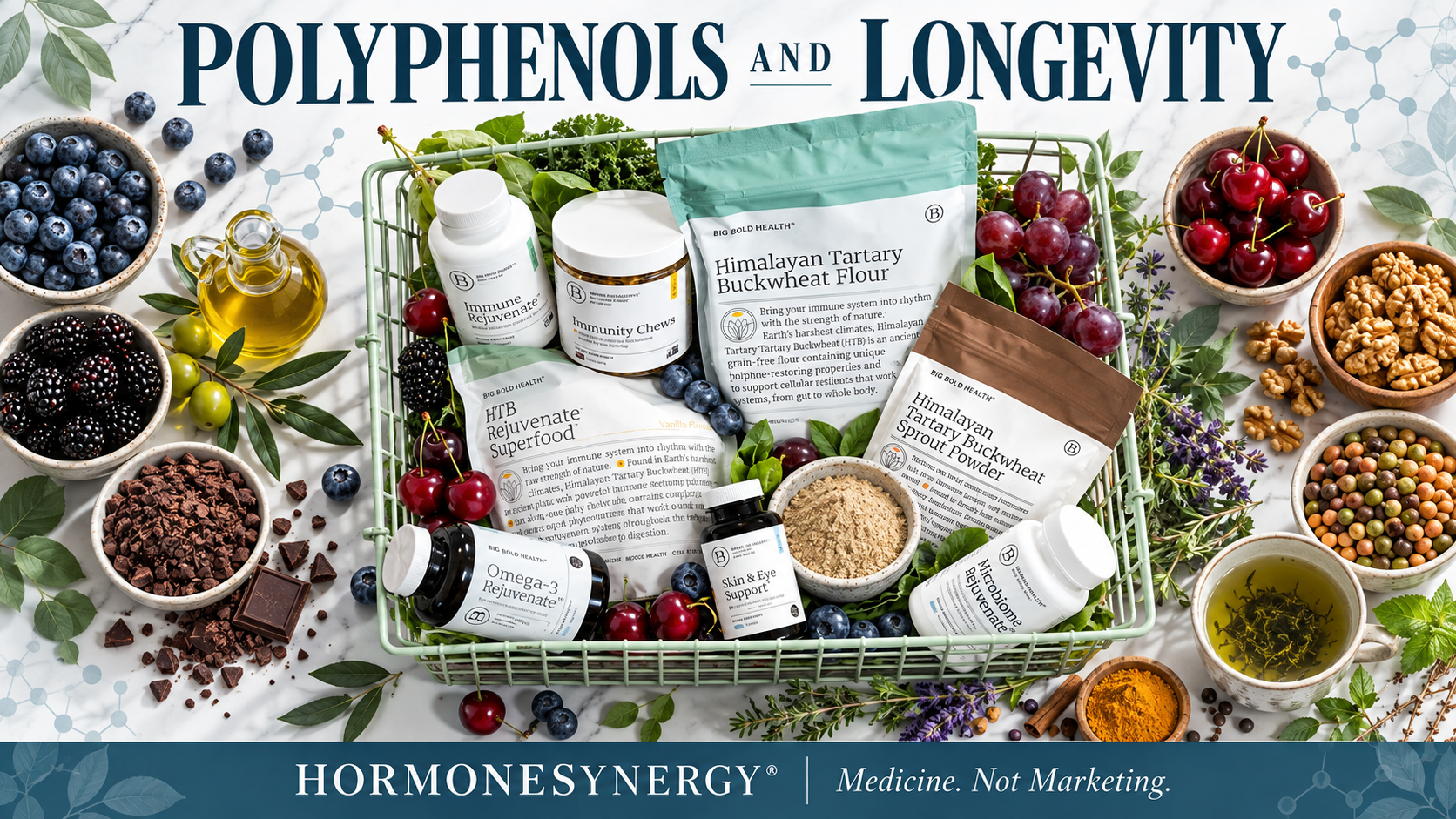 Polyphenol-rich foods including berries, olive oil, cocoa, tea, coffee, herbs, nuts and Himalayan Tartary buckwheat illustrating plant diversity and longevity nutrition.
