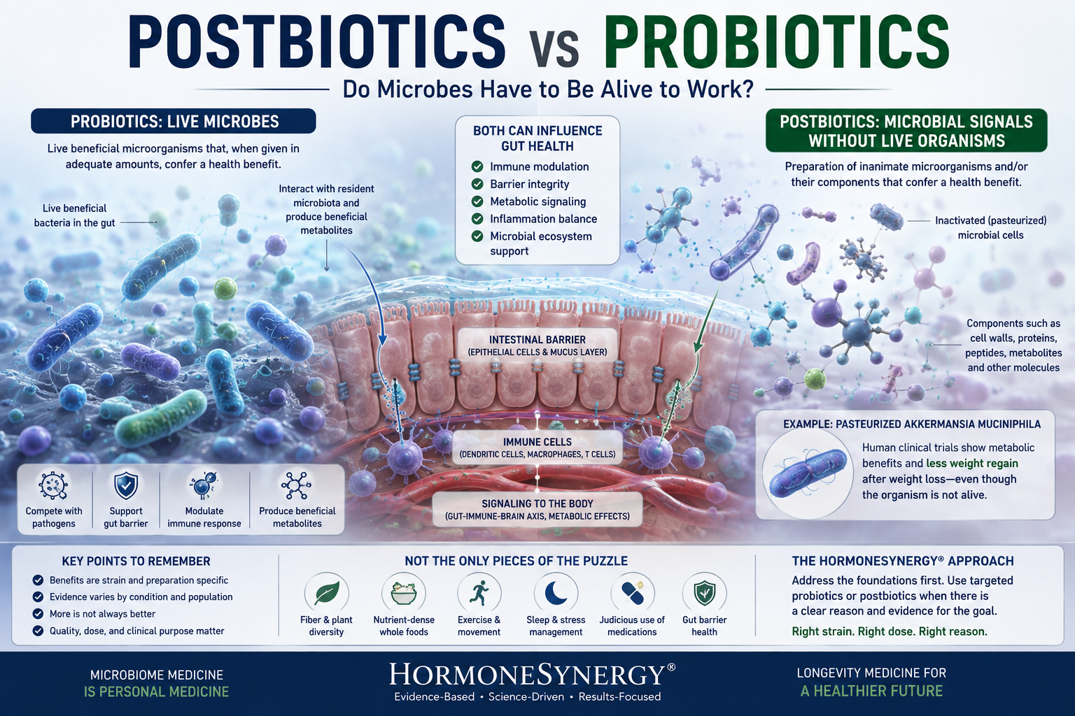 Postbiotics vs probiotics infographic comparing live probiotic microorganisms with inactivated postbiotic microbial cells and their effects on the gut microbiome and intestinal barrier.