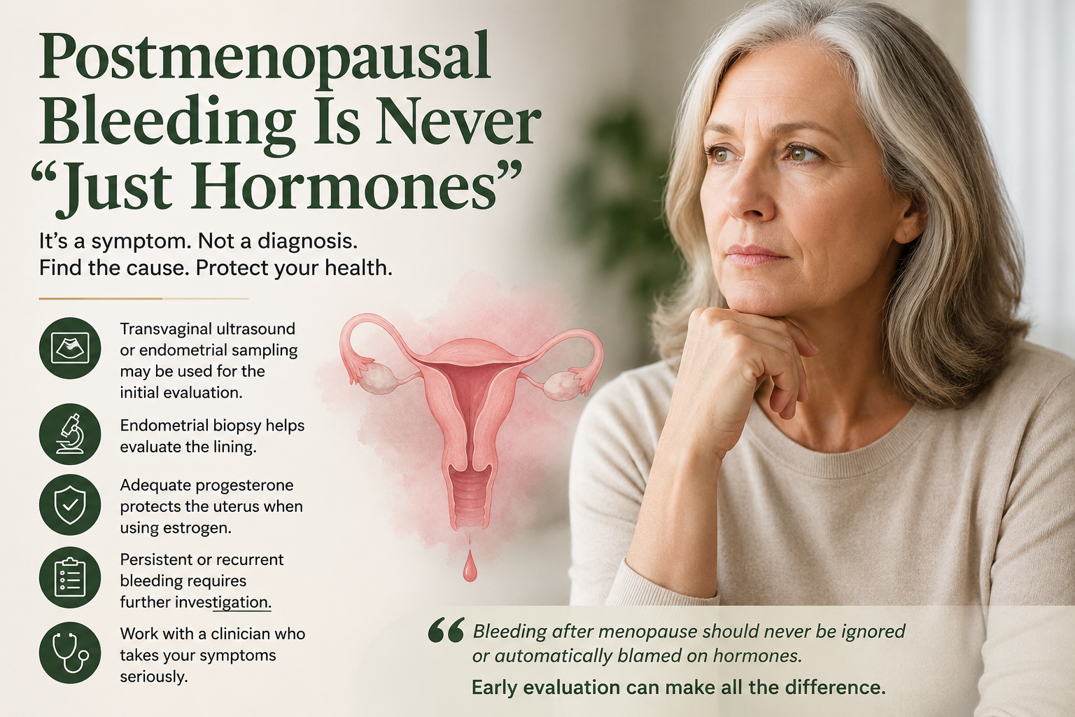 Postmenopausal woman beside a medical illustration of the uterus with guidance on transvaginal ultrasound, endometrial biopsy, progesterone protection, and evaluation of bleeding after menopause.