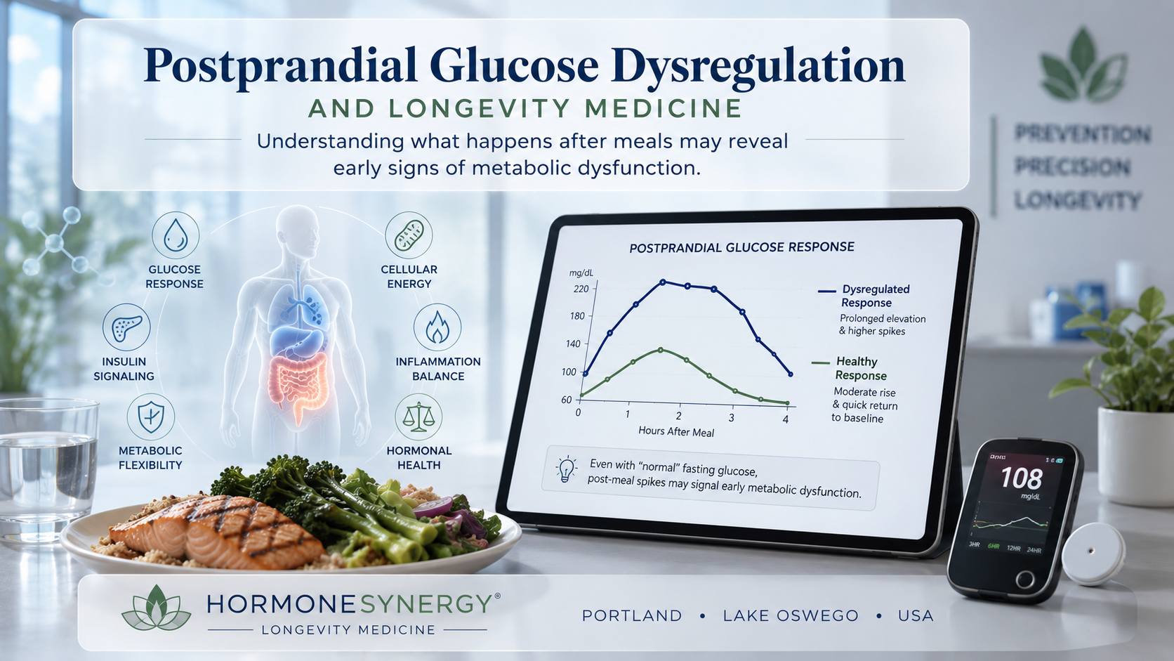 Postprandial glucose dysregulation and metabolic health in longevity medicine with CGM glucose monitoring visualization