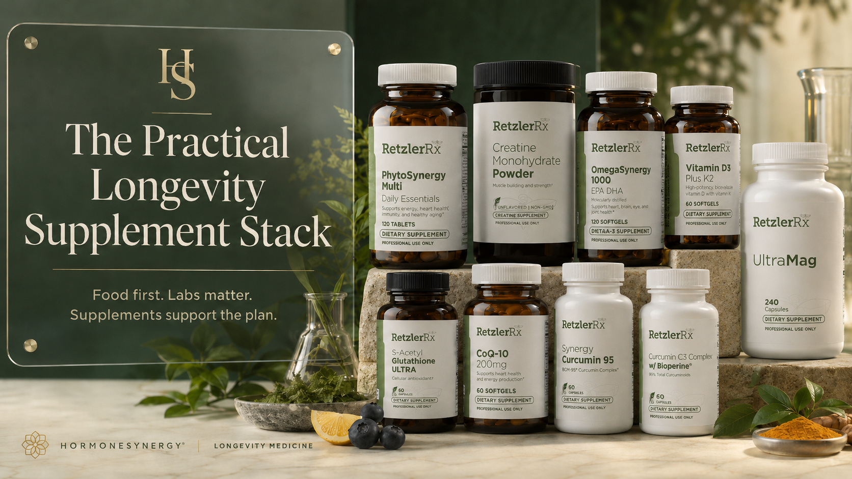 Evidence-based longevity supplement stack with creatine, omega-3, vitamin D, magnesium, CoQ10, curcumin and glutathione from HormoneSynergy®.
