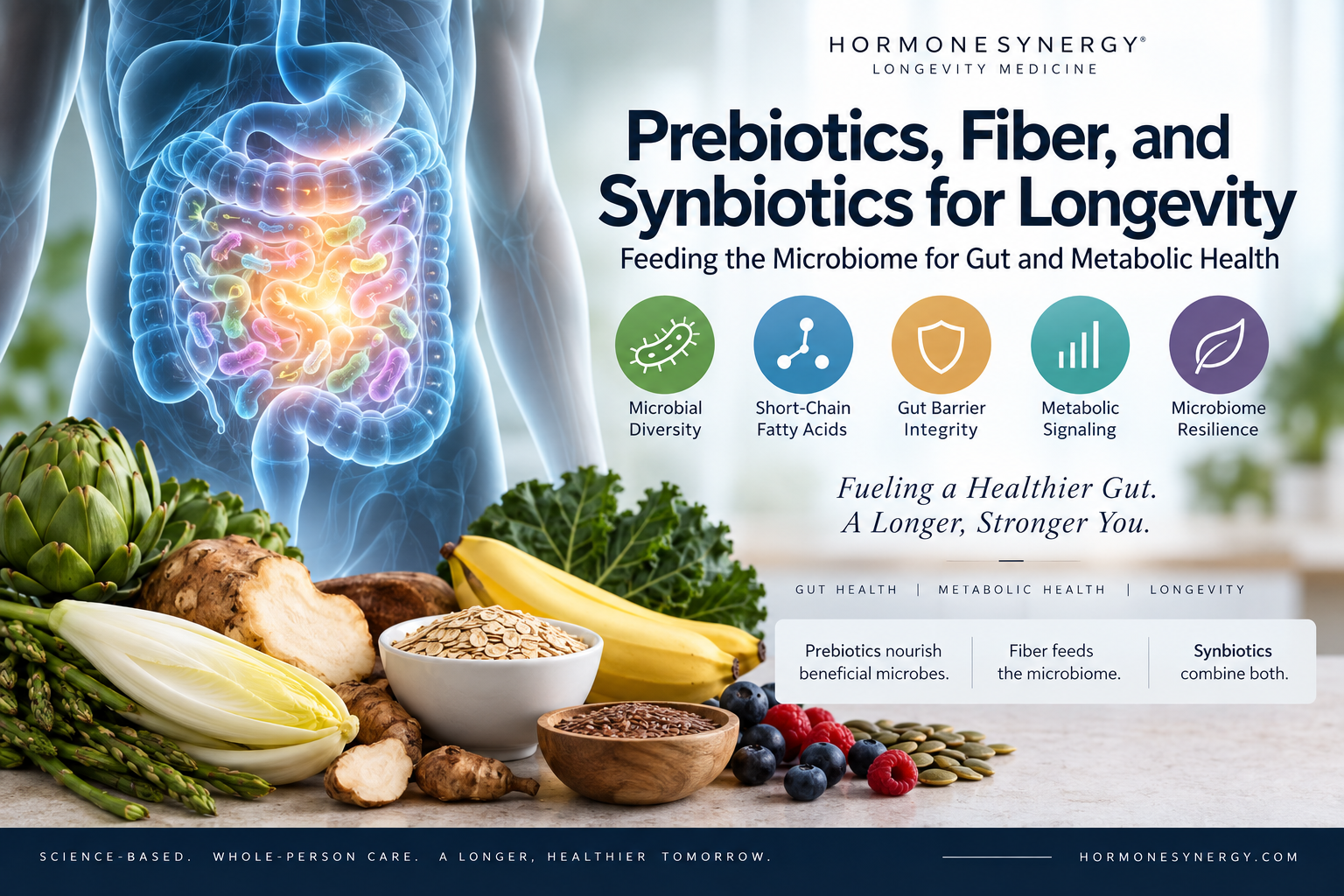 Physician discussing dietary fiber, prebiotics, synbiotics, and gut microbiome health with a patient and fiber-rich whole foods.