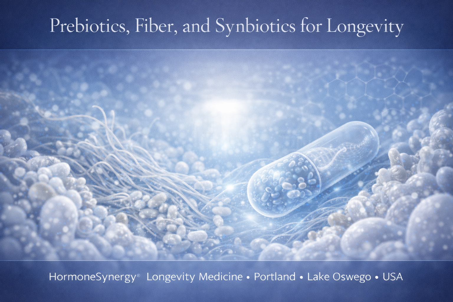 Clinical editorial banner illustrating prebiotics, fiber, and synbiotics supporting the gut microbiome and microbial fuel layer in HormoneSynergy® HS CLINIC GLASS™ format.