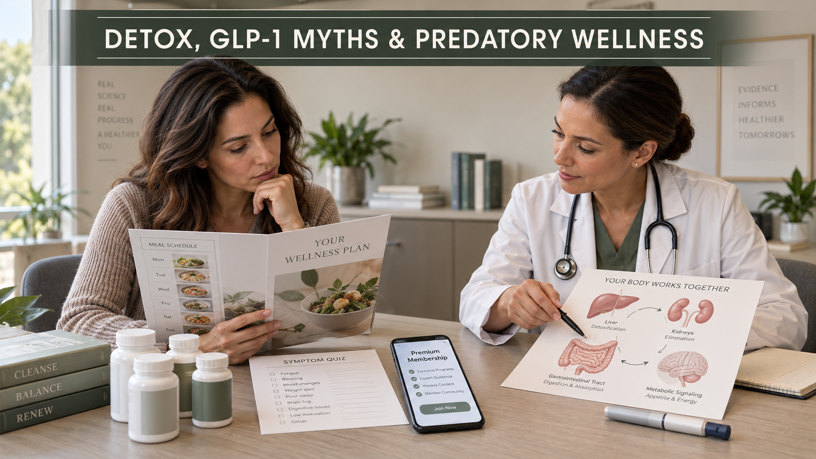 A patient compares an elaborate detox program and GLP-1 claims with a physician’s explanation of normal detoxification and metabolic physiology.
