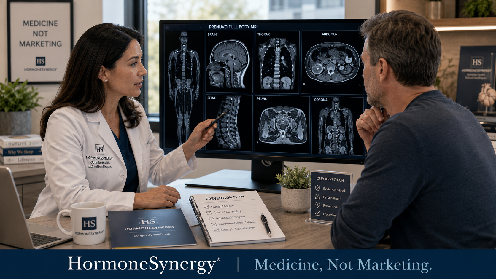 HormoneSynergy® clinical consultation image showing a physician and patient reviewing full-body MRI images as part of a measured discussion about Prenuvo screening benefits and risks.