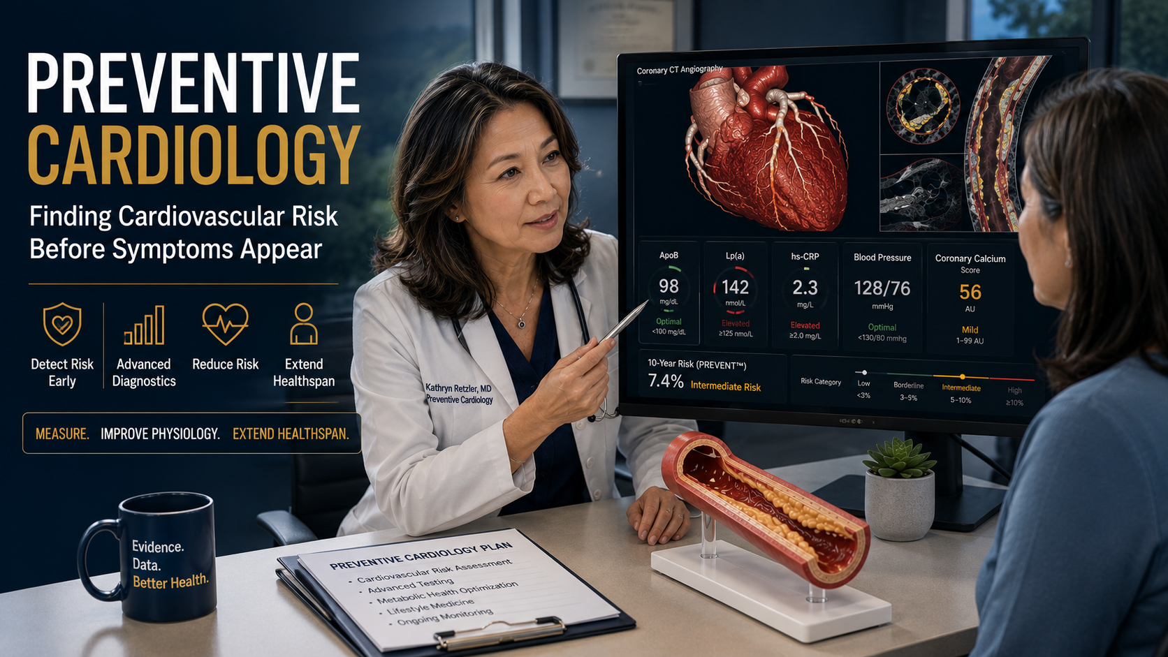 Preventive cardiology evaluation showing coronary CT imaging with ApoB, Lp(a), blood pressure and plaque risk assessment.