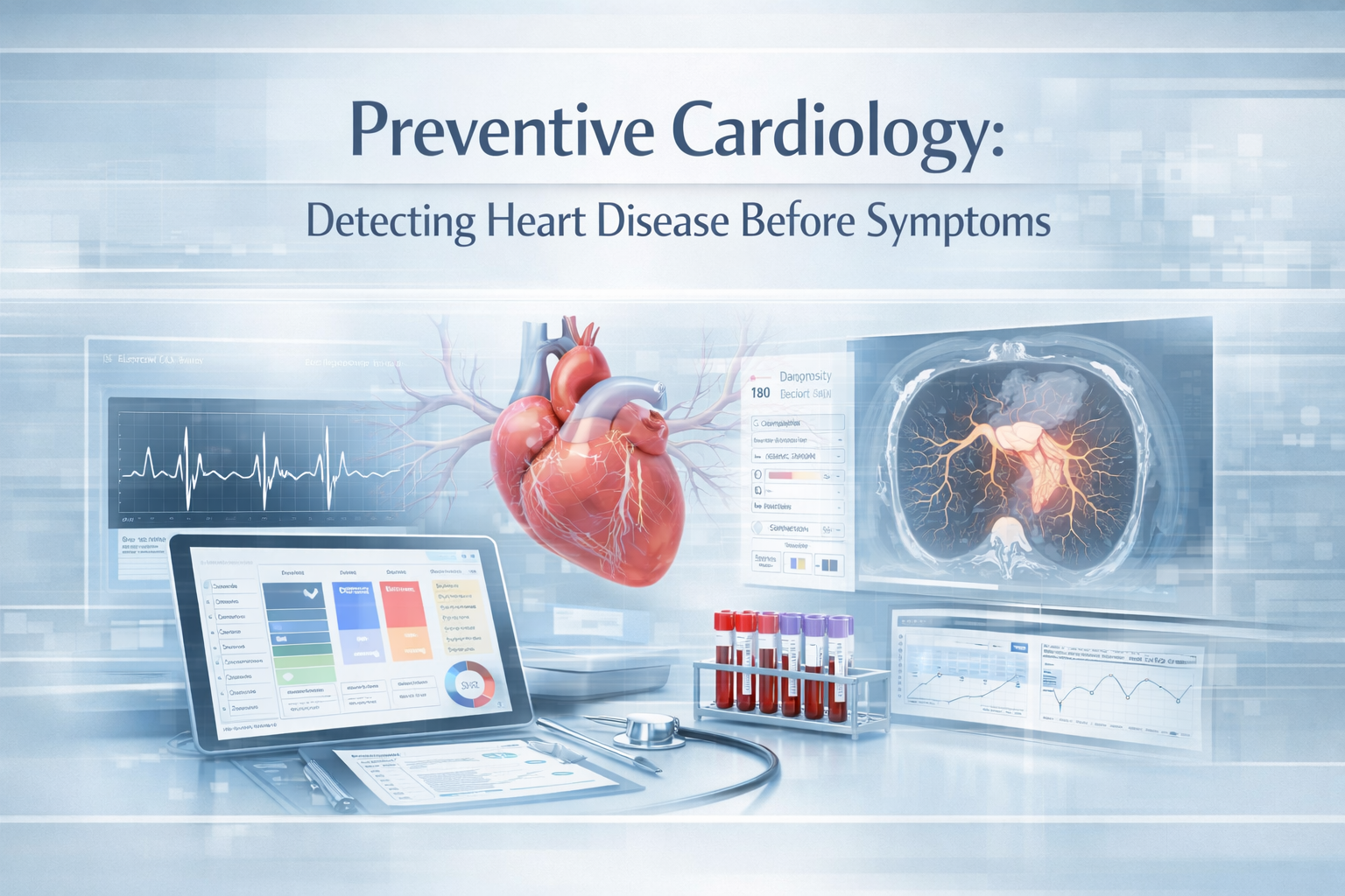 Preventive cardiology hero image showing cardiovascular screening and heart disease prevention