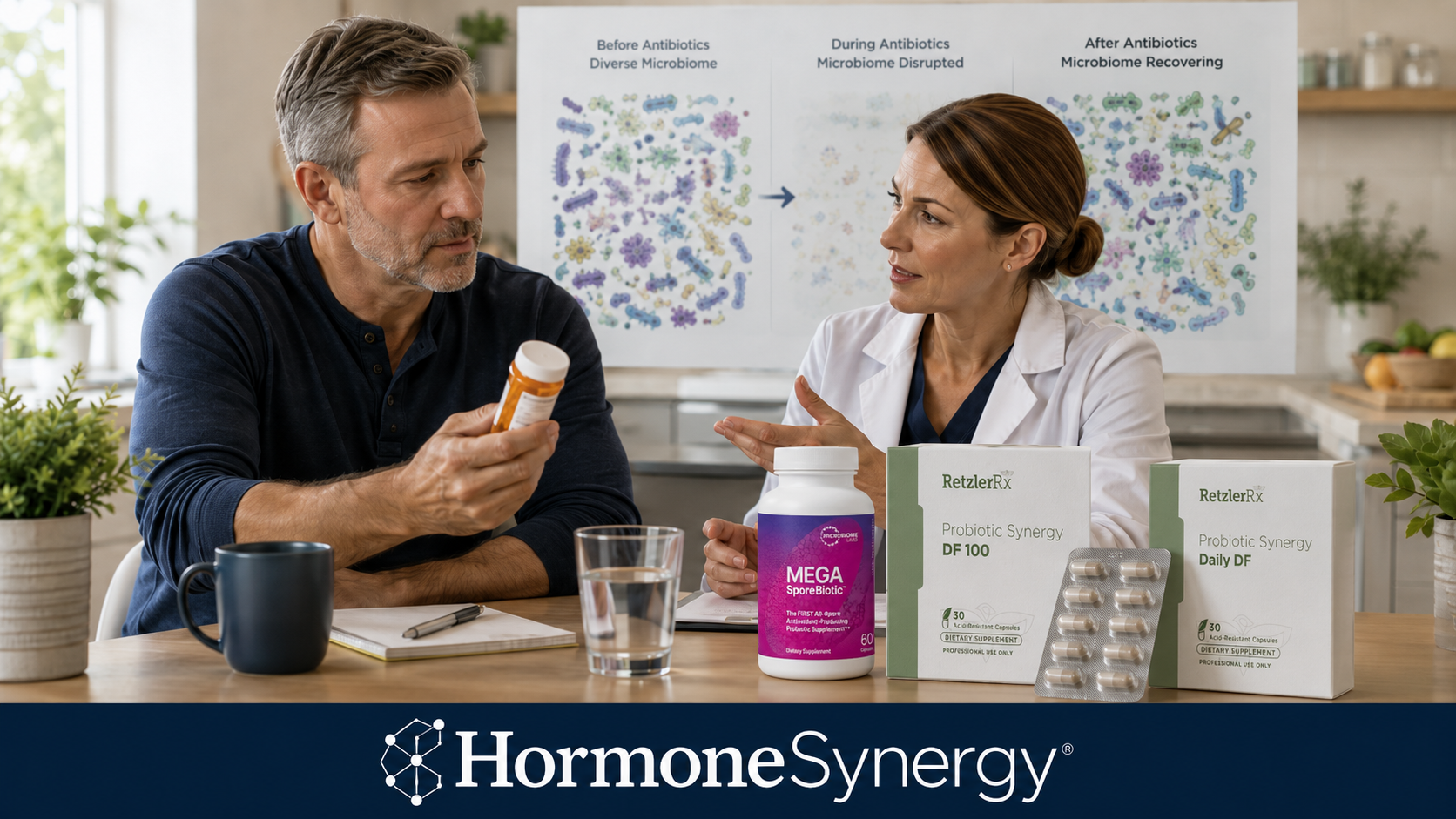 Patient and female clinician discussing probiotics, antibiotic-associated diarrhea and microbiome recovery after antibiotic treatment.