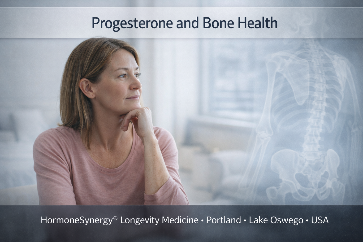 Progesterone and bone health concept showing hormonal influence on bone formation and density in longevity medicine