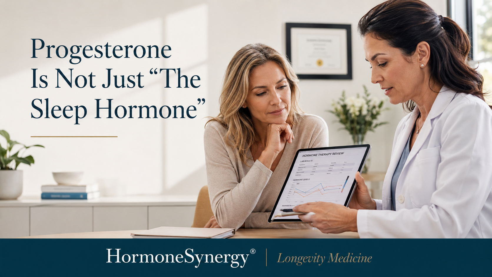 Midlife woman discussing progesterone and menopause hormone therapy with a physician in a calm clinical consultation room.