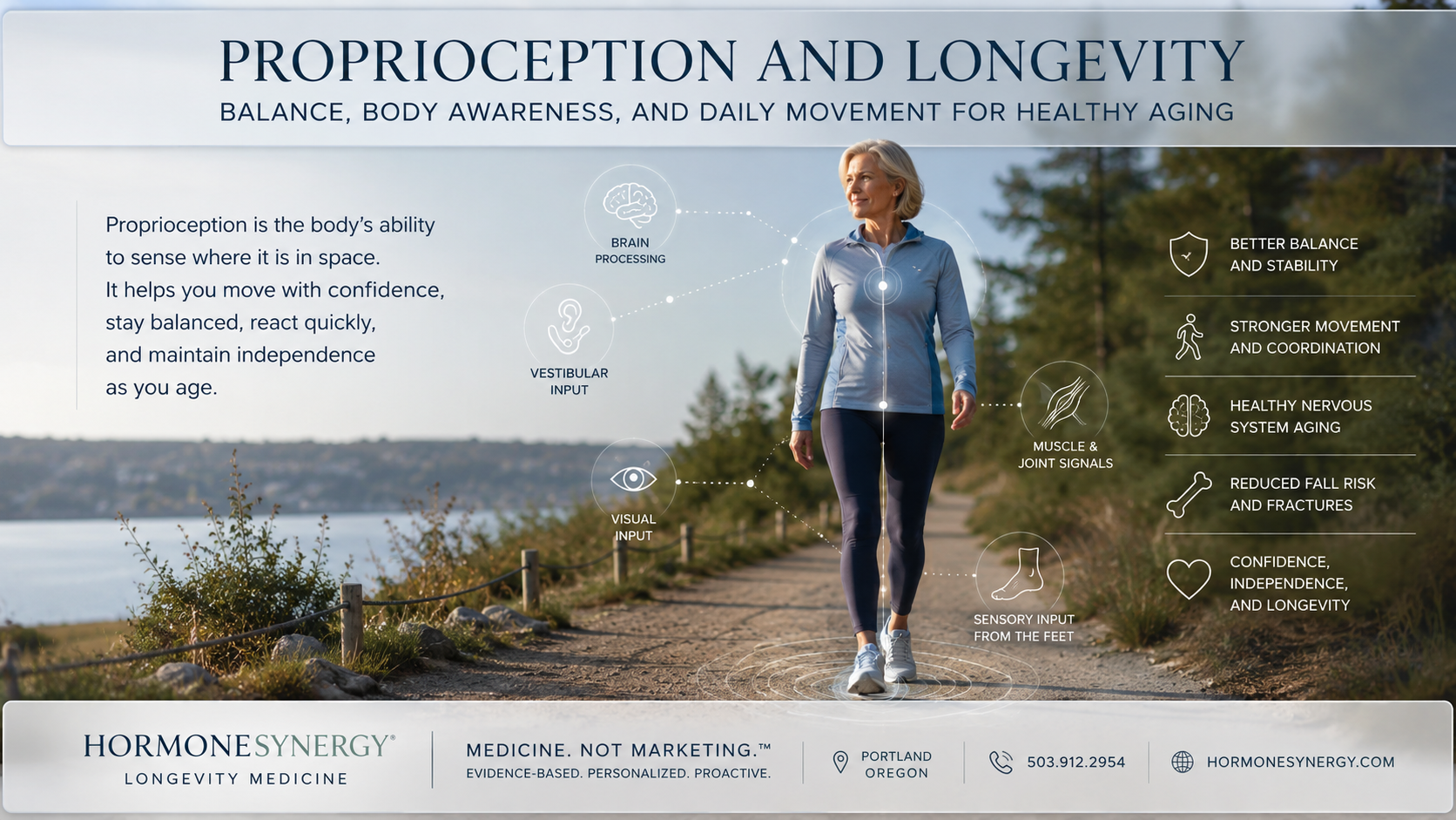 Older adult walking with stable posture and body awareness, illustrating proprioception, balance, movement, and longevity medicine.