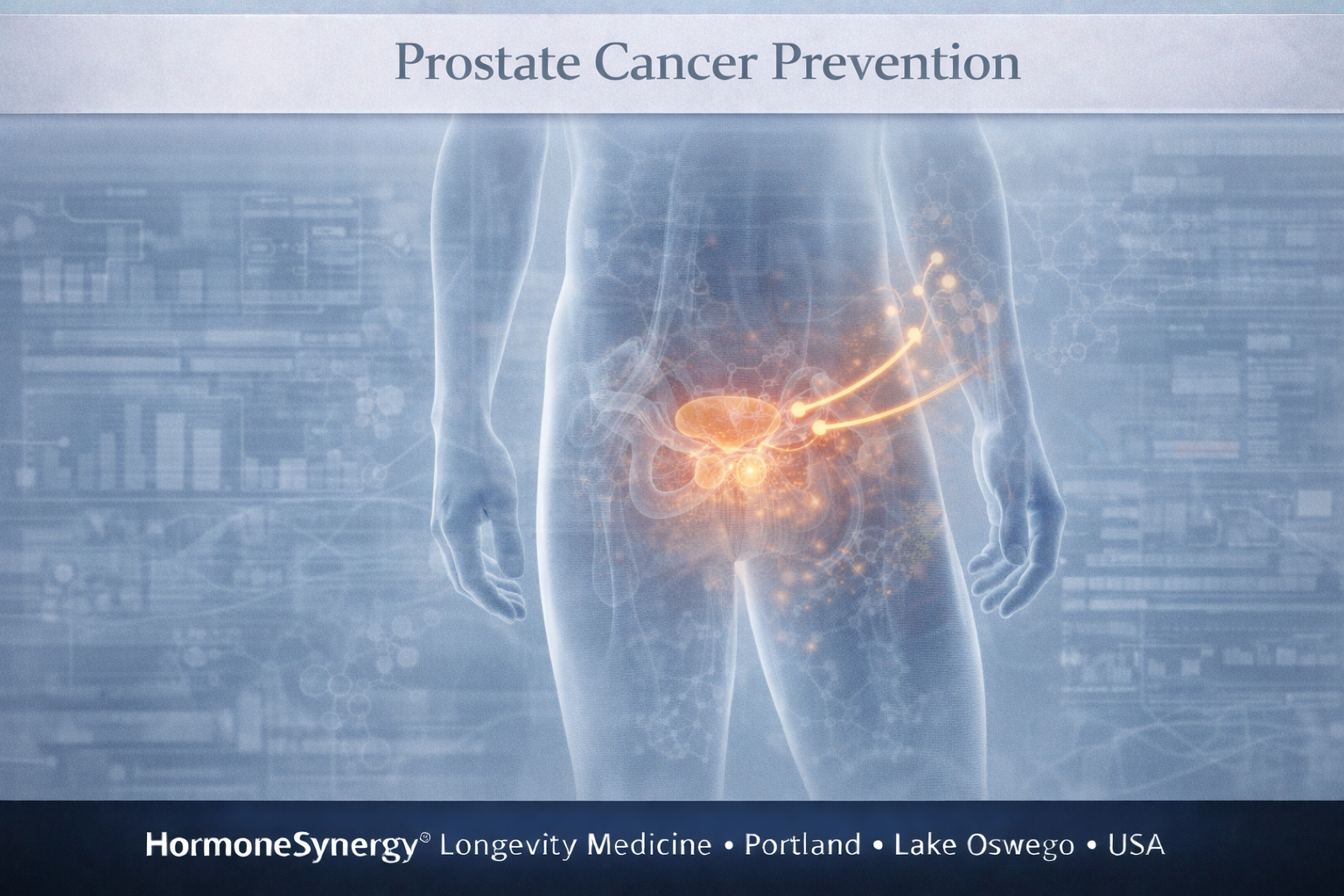 Abstract clinical visualization of the male pelvic region with hormonal, metabolic, and inflammatory signaling cues representing prostate cancer prevention and longevity medicine.