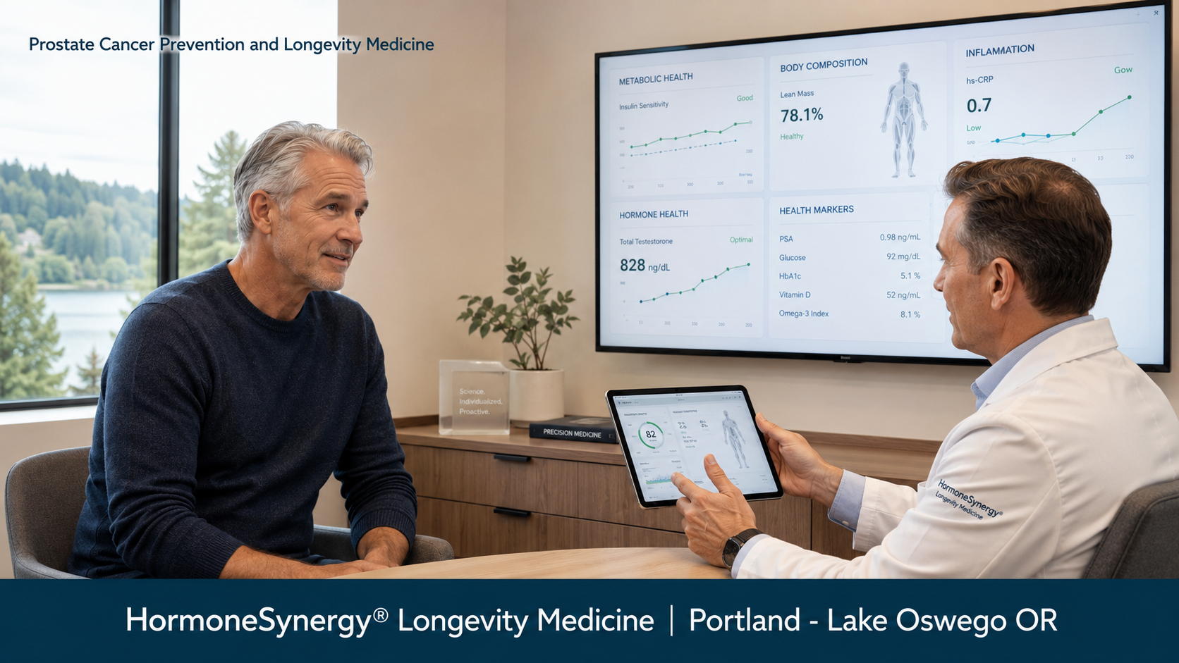 Mature man discussing prostate cancer prevention, metabolic health, hormones, and longevity medicine in a modern HormoneSynergy clinical setting in Portland and Lake Oswego, Oregon.