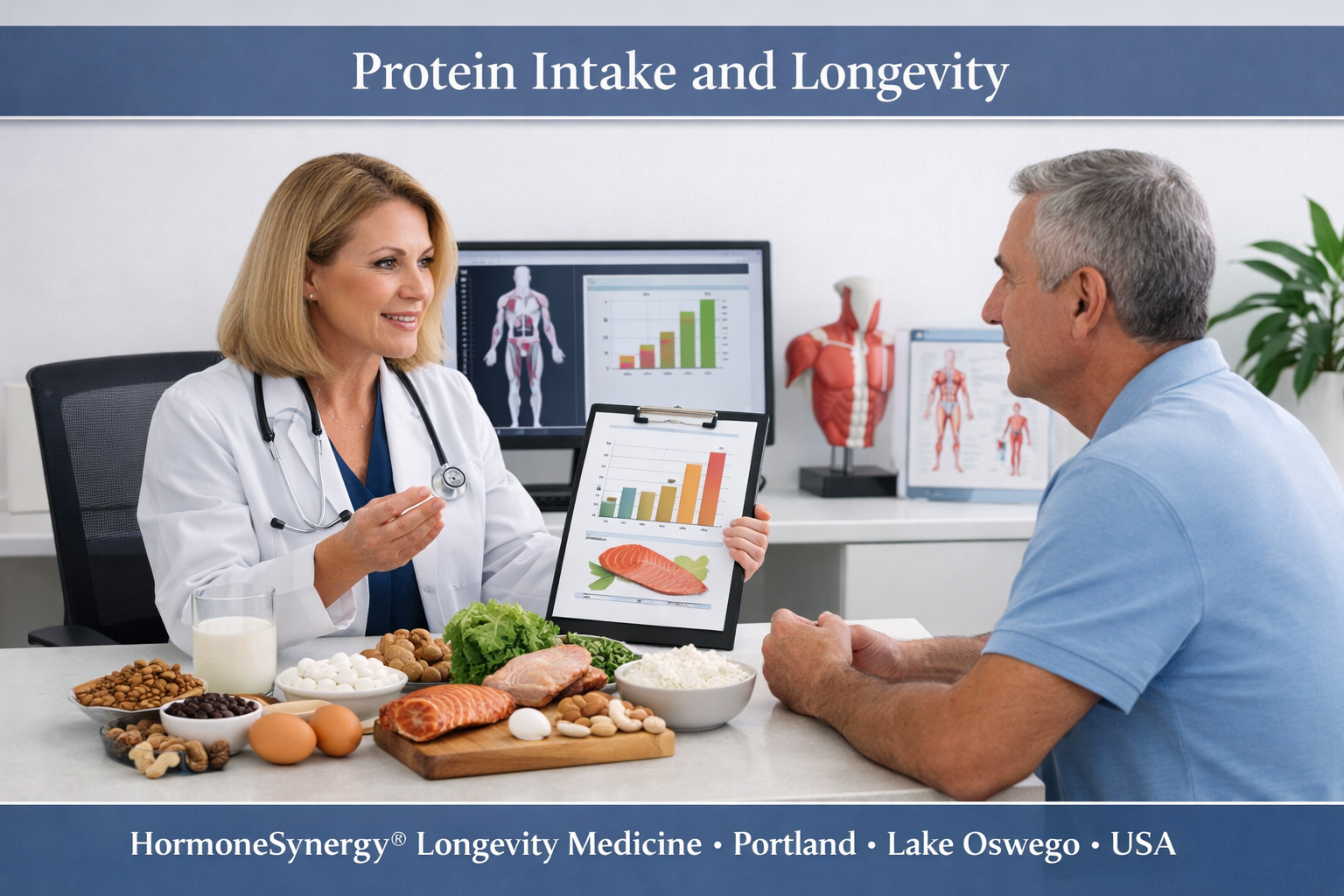 Physician discussing protein intake, muscle mass, and healthy aging with patient in a preventive longevity medicine clinic setting at HormoneSynergy® Longevity Medicine Portland Lake Oswego USA