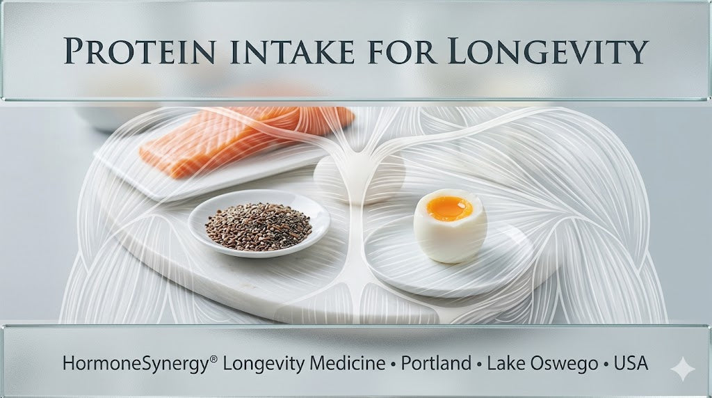 Clinical visualization of protein intake and muscle structure supporting strength, metabolism, and healthy aging in longevity medicine.