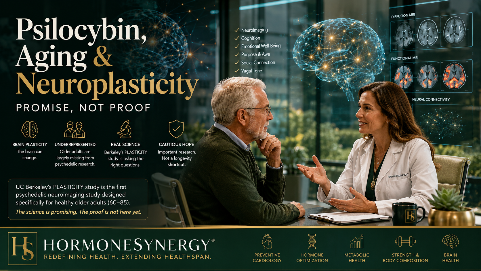 Older adult patient discussing brain aging and neuroplasticity with a physician at HormoneSynergy Clinic in a modern longevity medicine setting.
