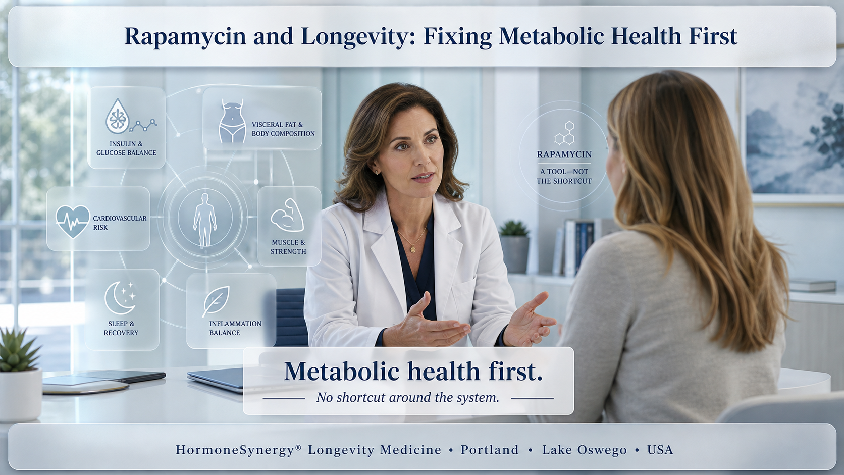 Clinical consultation image showing rapamycin and longevity medicine framed around metabolic health, insulin resistance, visceral fat, muscle, cardiovascular risk, inflammation, sleep, and recovery before advanced interventions.