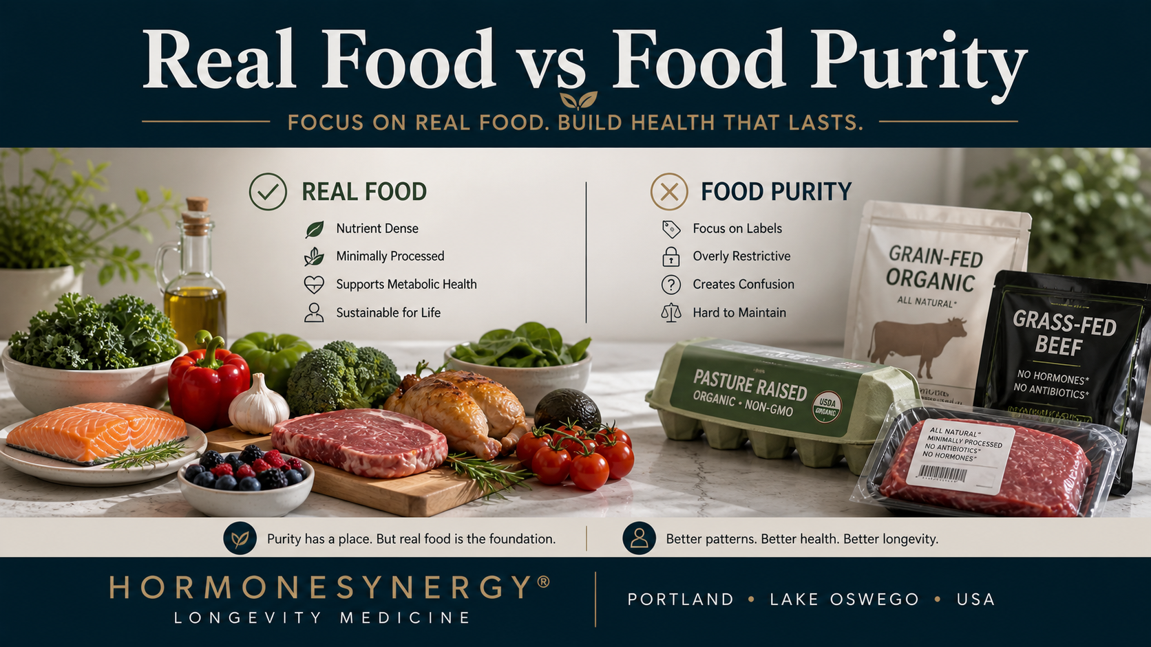 Clinical editorial image illustrating the concept that real, minimally processed food matters more than strict food purity rules for long-term health.