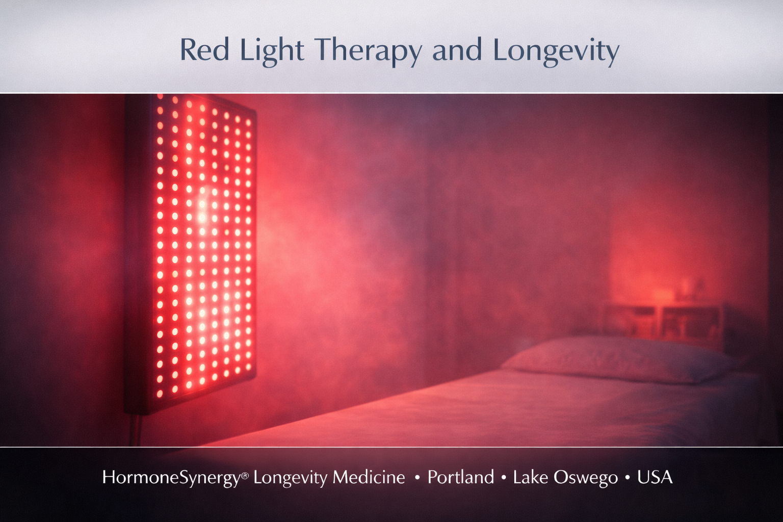 Red light therapy panel in a clean clinical setting representing photobiomodulation and longevity medicine