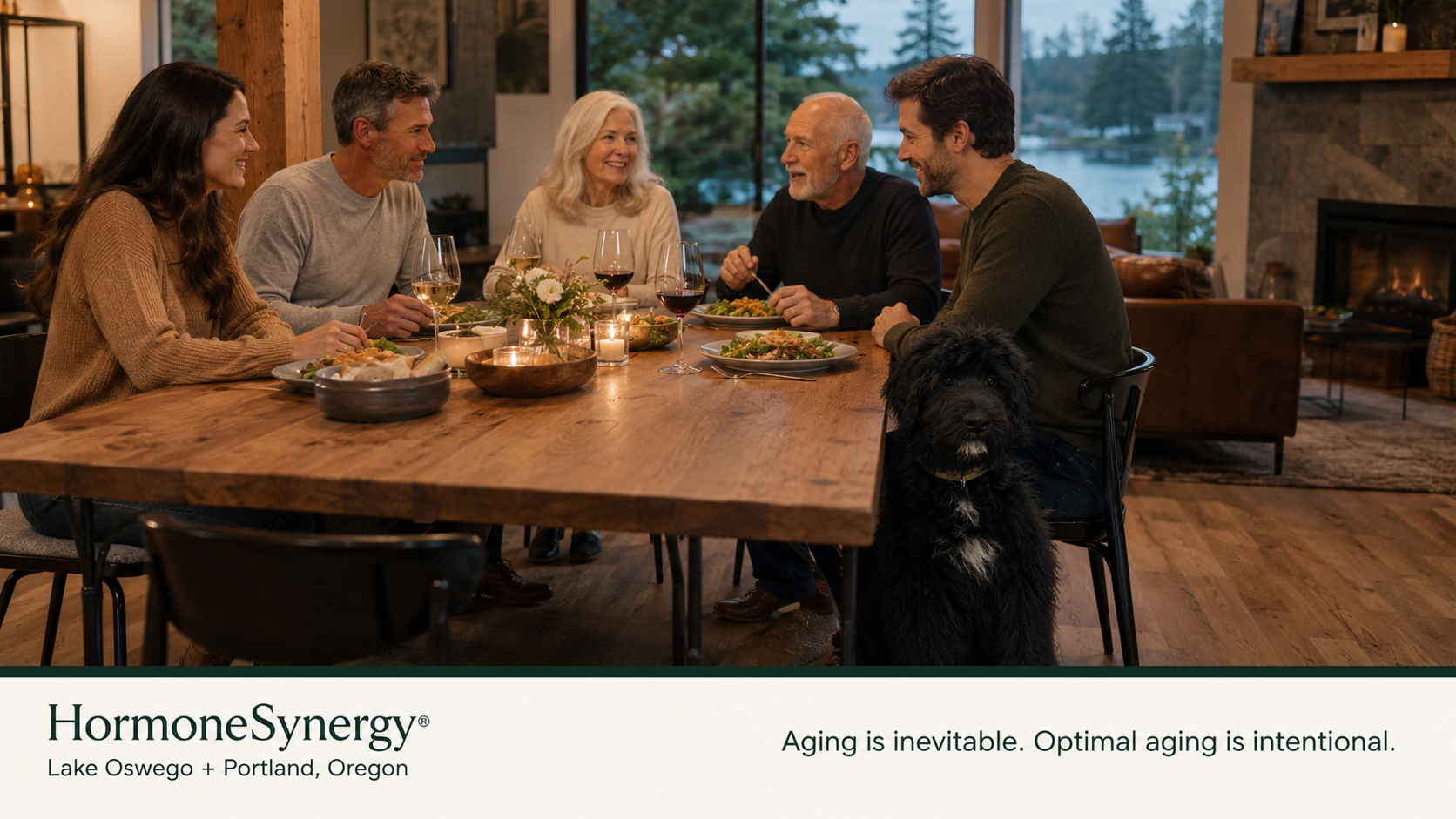 A small group of adults sharing dinner and conversation, representing the role of meaningful relationships in healthy aging and longevity.