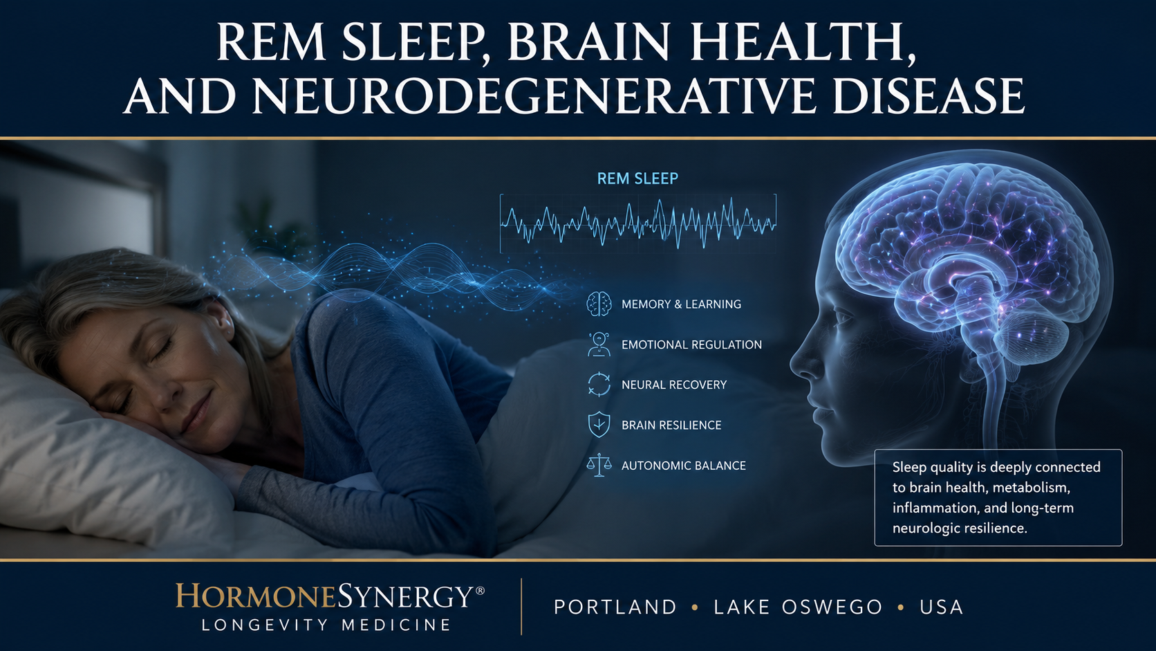 REM sleep, brain health, and neurodegenerative disease clinical longevity medicine illustration by HormoneSynergy®