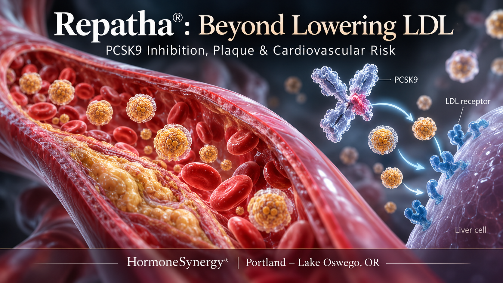 Repatha evolocumab PCSK9 inhibitor illustration showing LDL particle reduction and coronary atherosclerotic plaque for HormoneSynergy preventive cardiology.