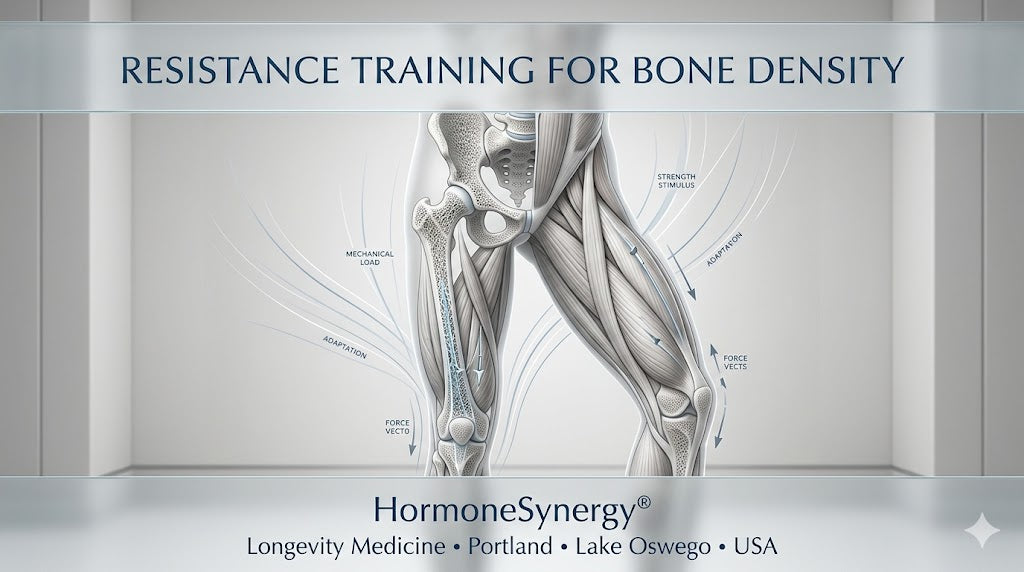 Clinical visualization showing how resistance training and mechanical load support bone density, muscle strength, and healthy aging in longevity medicine.