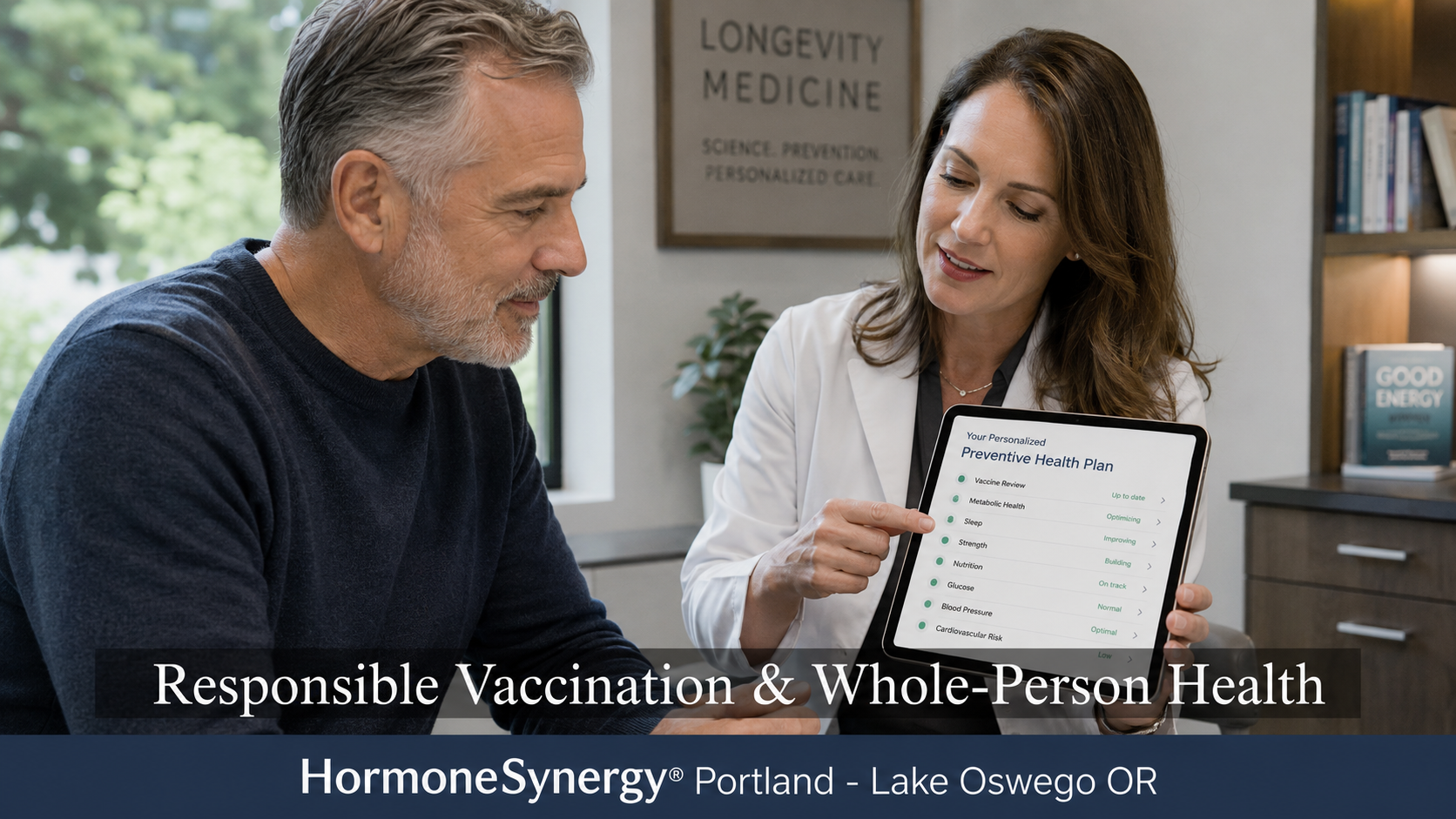 Physician and adult patient reviewing responsible vaccination, metabolic health and whole-person preventive care in a modern HormoneSynergy longevity medicine clinic.