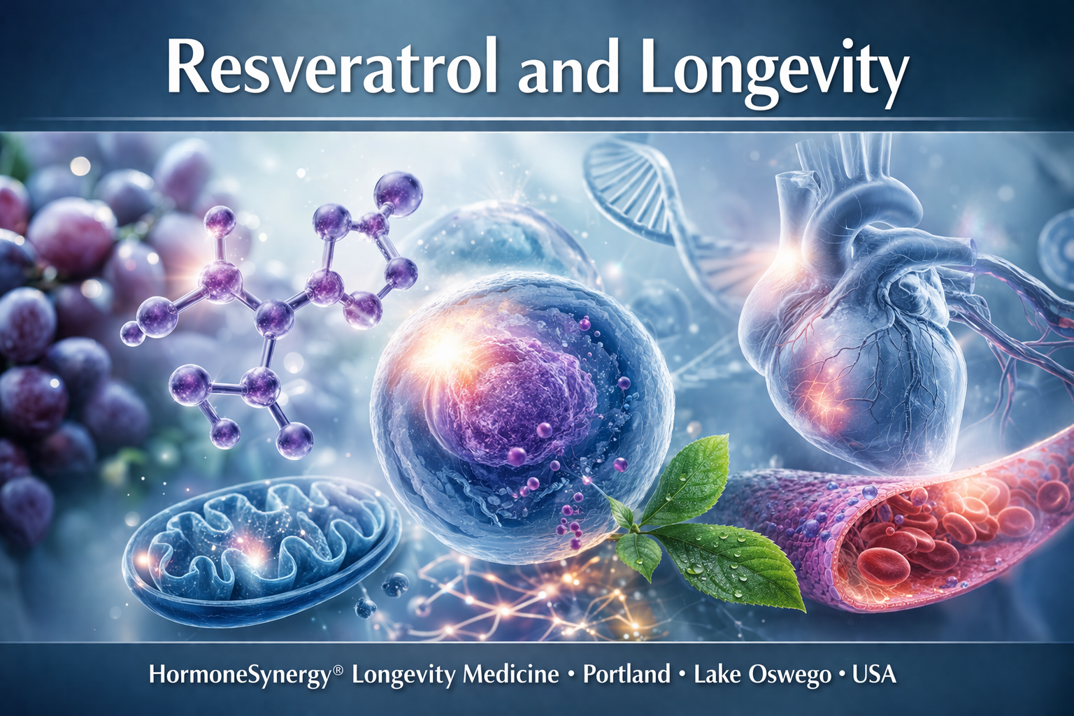 Resveratrol and Longevity clinical editorial hero image with subtle polyphenol, vascular, and cellular defense cues in HormoneSynergy®