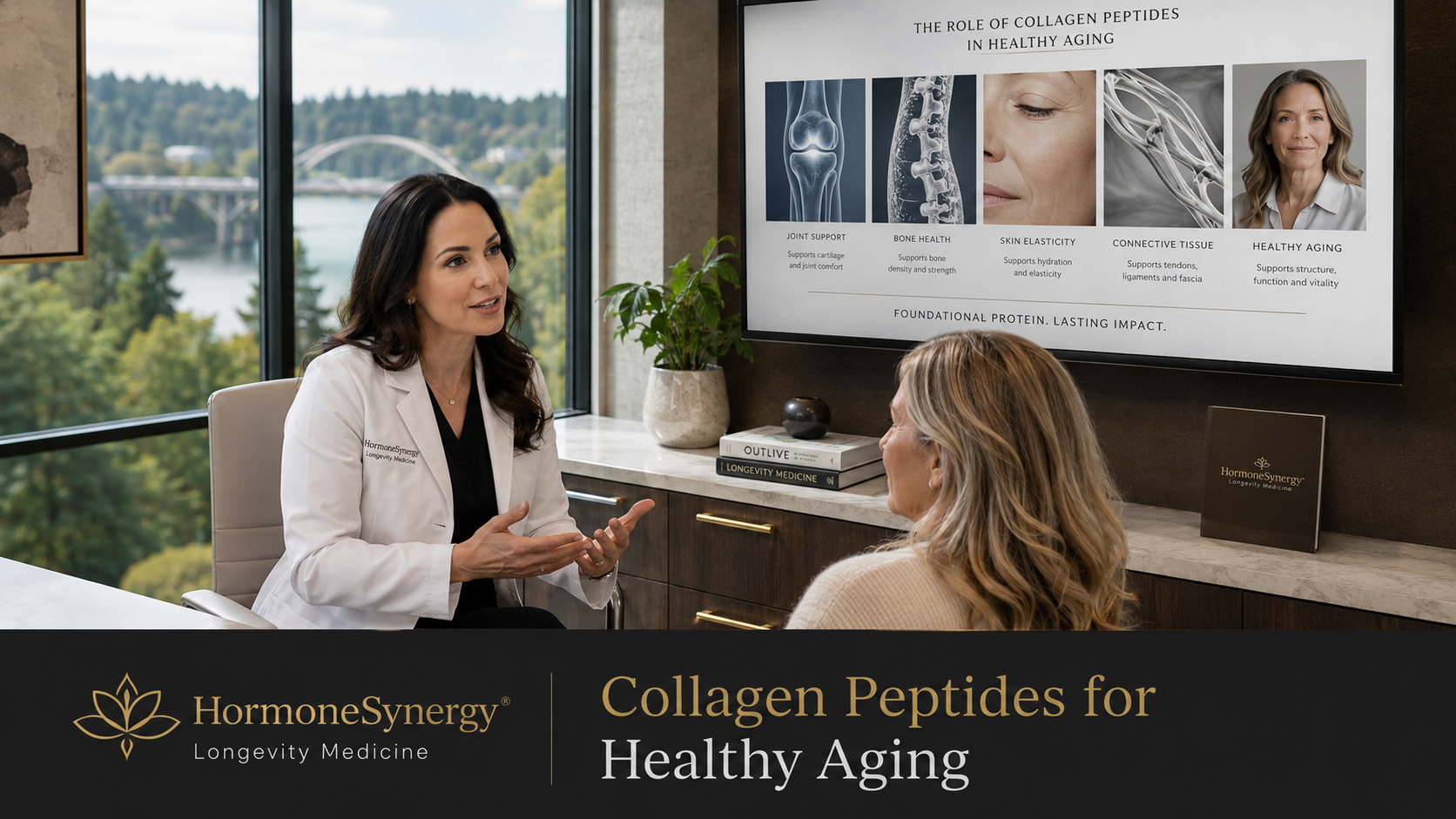 Physician reviewing collagen peptides for joint, bone, skin, and connective tissue support with a patient in a modern Portland and Lake Oswego longevity medicine clinic.