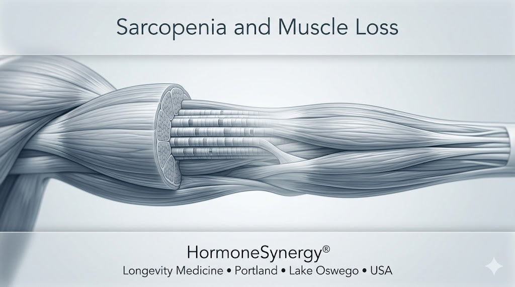 Clinical visualization of muscle structure and age-related muscle loss used to explain sarcopenia and strength decline in longevity medicine.
