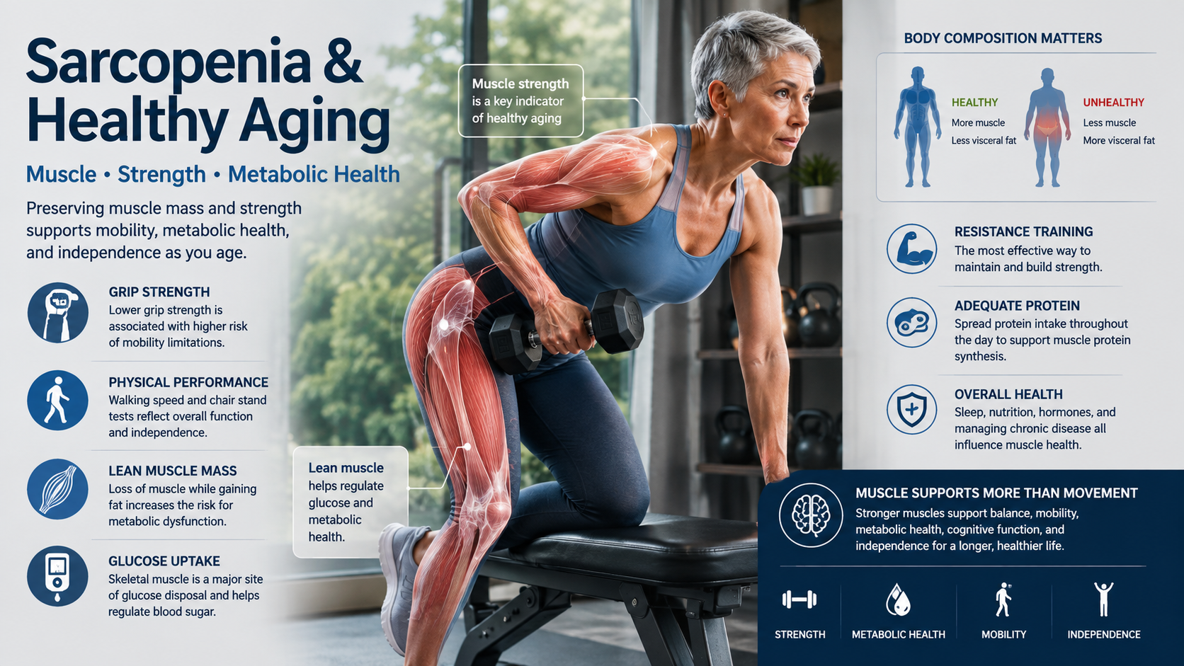 Older adult resistance training with skeletal muscle and body composition graphics illustrating sarcopenia, strength, metabolic health, and healthy aging.