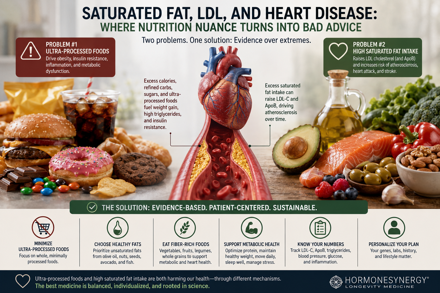 Clinical editorial image showing heart health, LDL cholesterol, whole foods, ultra-processed foods, and preventive longevity medicine.
