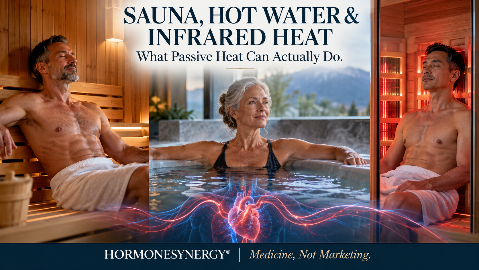 Traditional sauna, hot-water immersion and infrared sauna illustrating passive heat exposure, cardiovascular physiology and longevity.