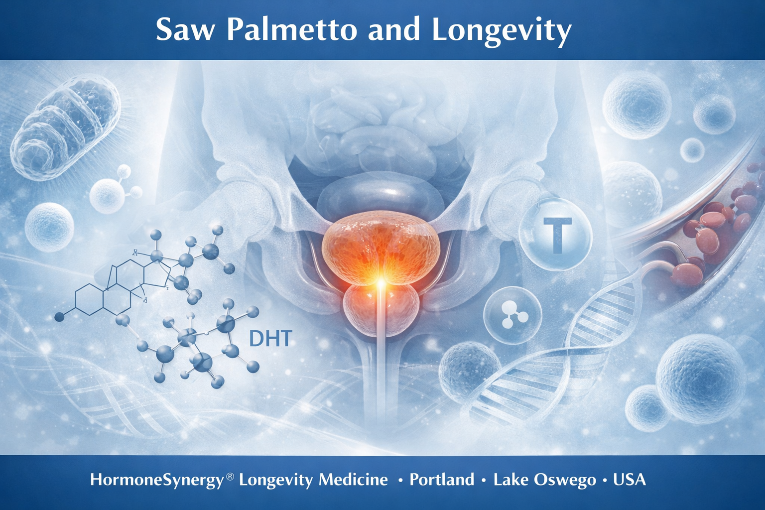Saw palmetto and longevity illustration showing prostate health hormone balance and DHT modulation