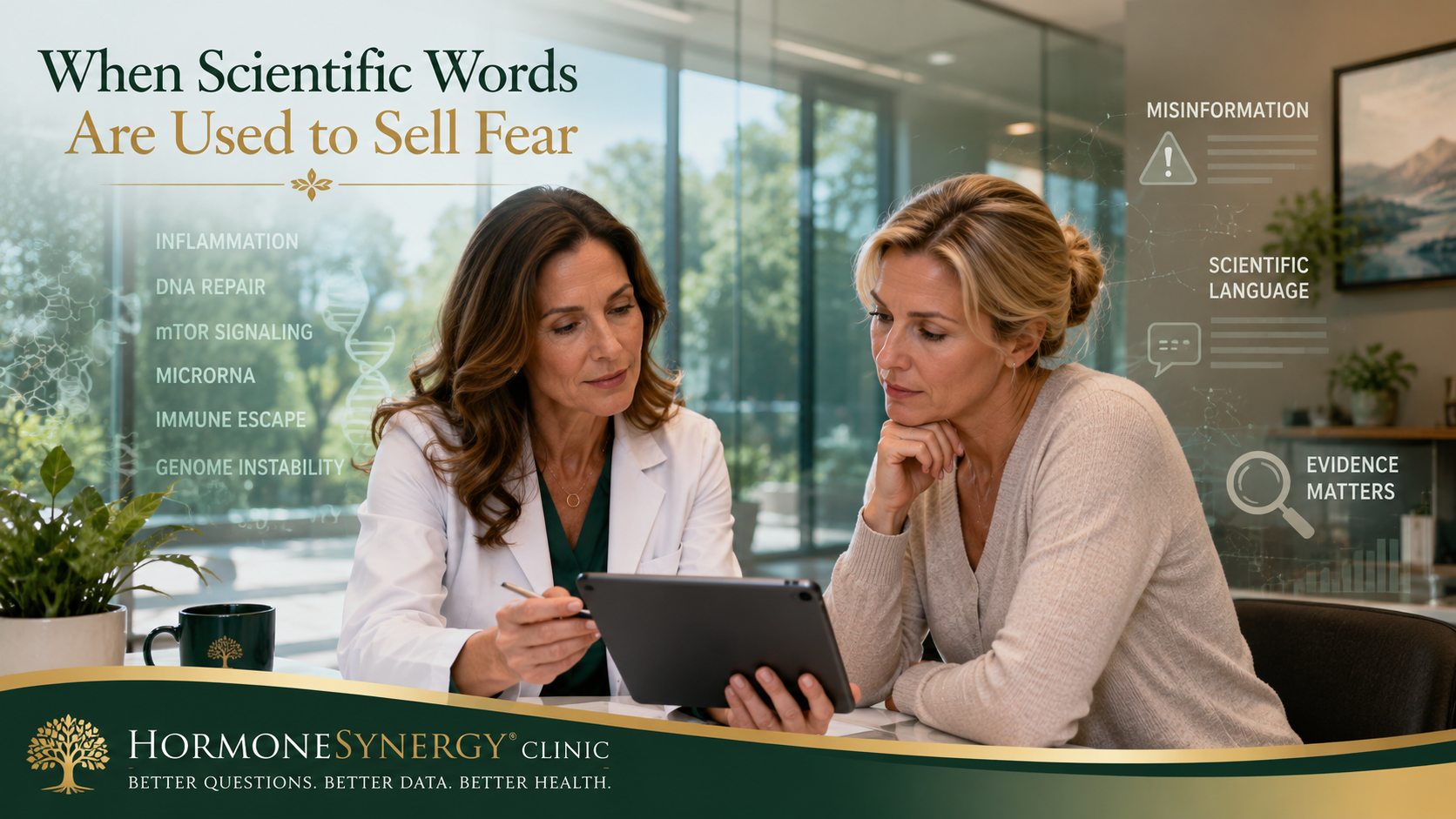 Physician and patient reviewing confusing online health information in a modern HormoneSynergy-style clinic, representing how scientific language can be used to sell fear and why medical evidence matters.