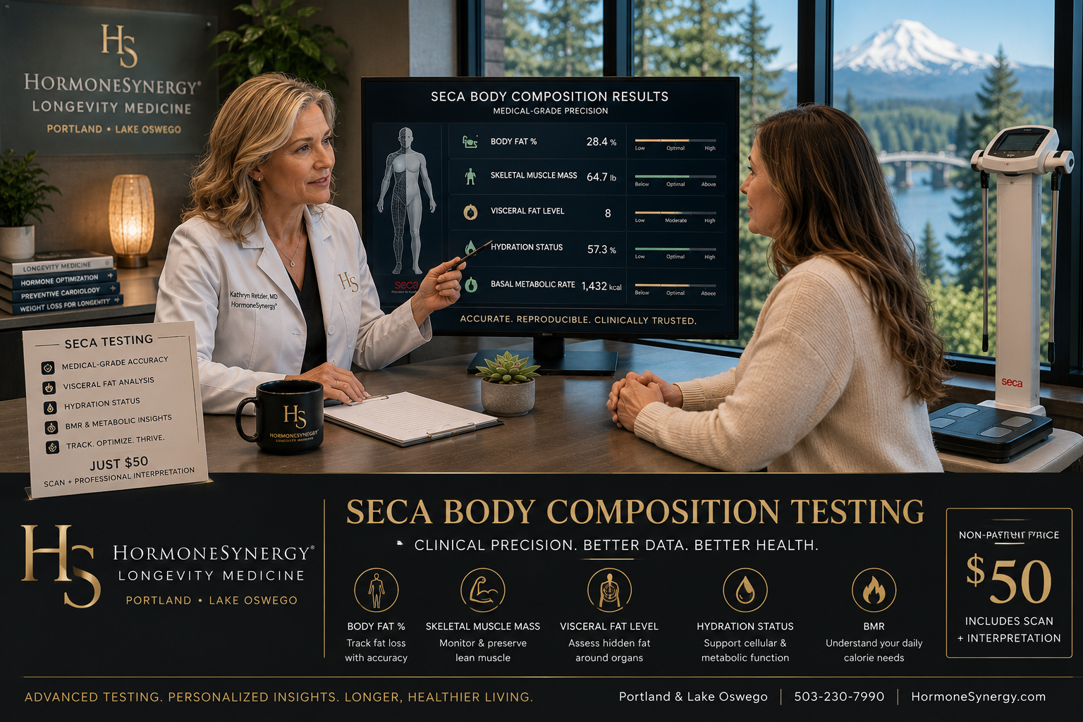 Physician reviewing SECA body composition testing, visceral fat, muscle mass, hydration, and metabolic trends with a patient in a modern Portland and Lake Oswego longevity medicine clinic.