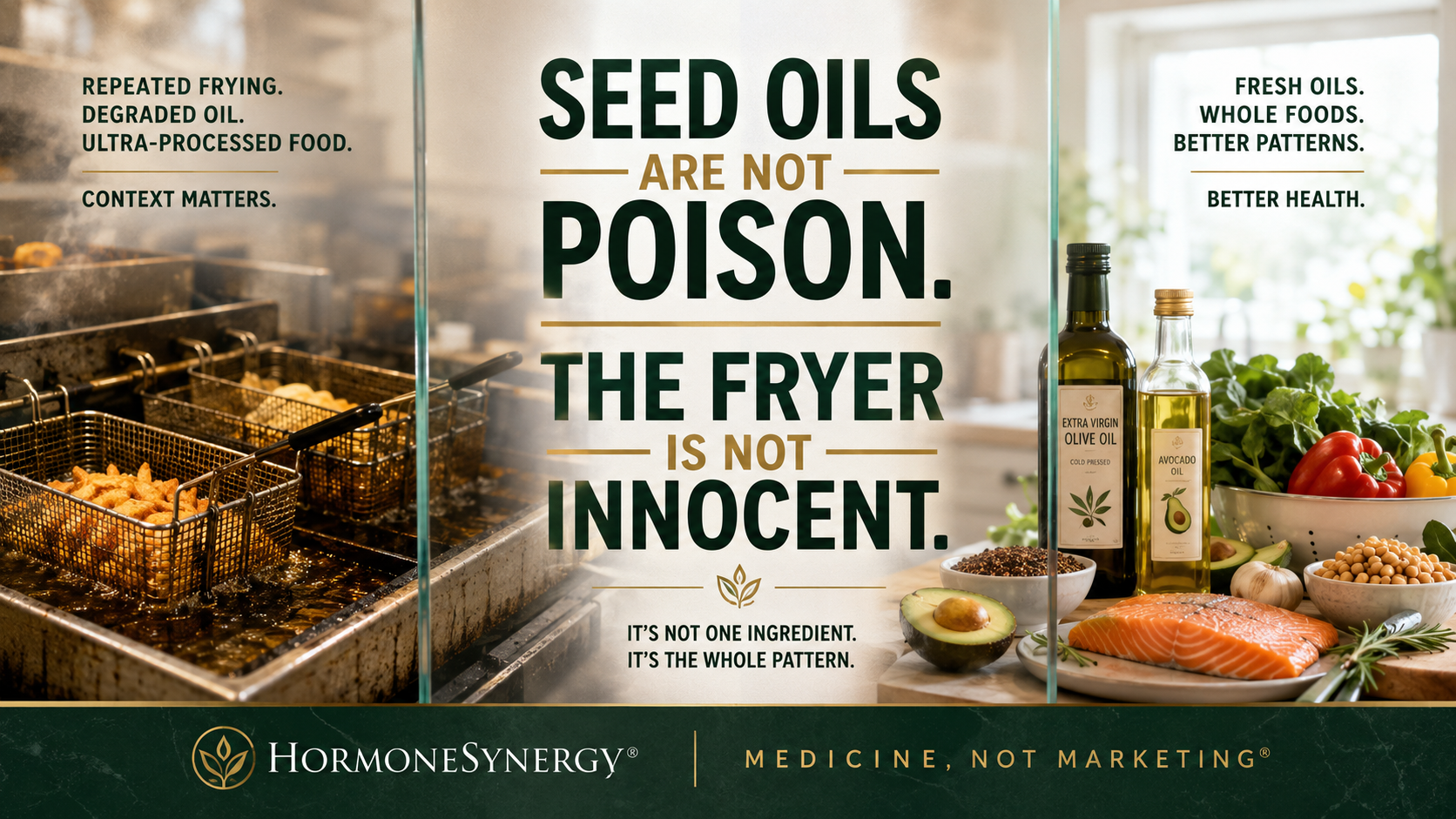 Commercial deep fryer contrasted with olive oil and whole foods in a home kitchen, illustrating the difference between repeatedly heated fryer oil and thoughtful cooking for metabolic and cardiovascular health.