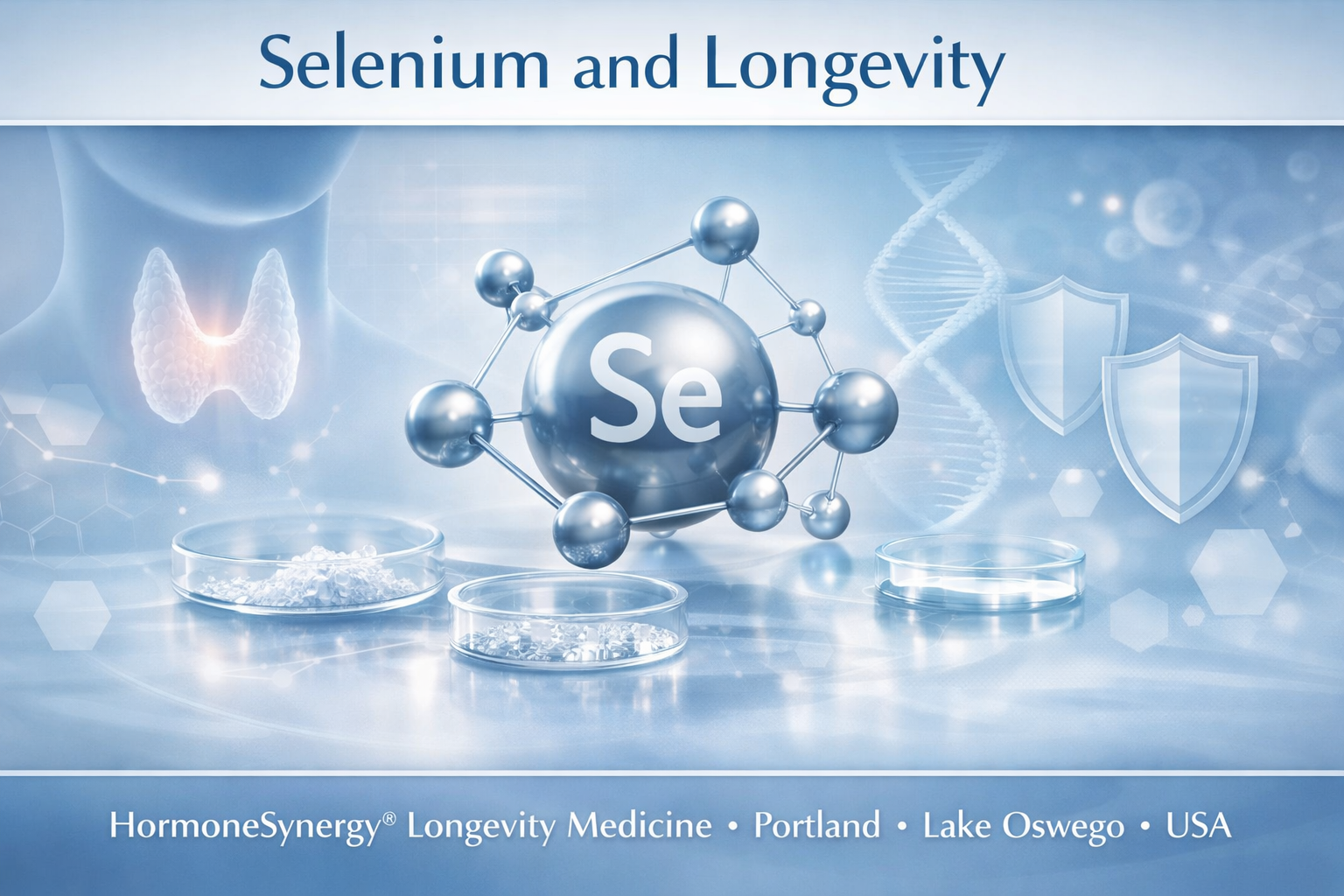 Selenium and Longevity clinical editorial banner with subtle thyroid, antioxidant, and immune support cues in HormoneSynergy