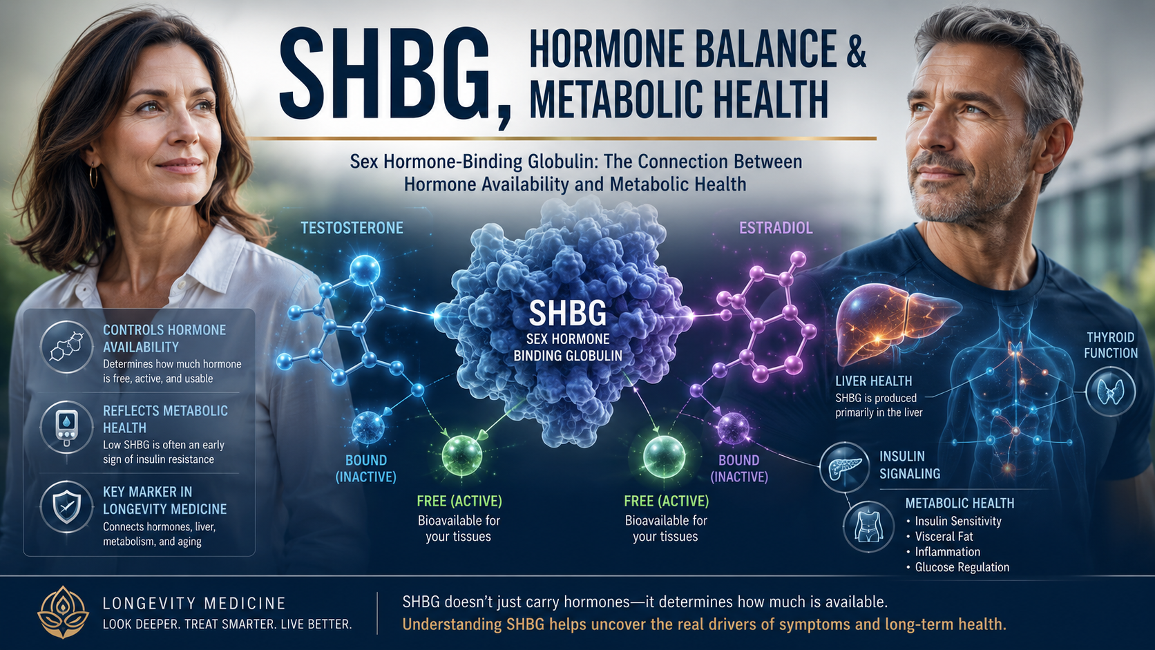 SHBG and hormone balance illustration showing sex hormone-binding globulin, testosterone, estradiol, liver function, and metabolic health in a woman and man.