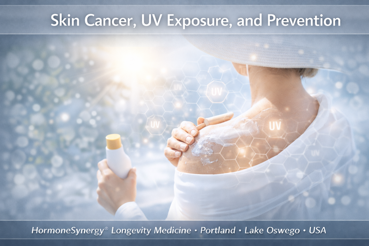 Skin cancer and UV exposure prevention banner showing a clean outdoor clinical scene with sun protection and subtle UV overlay.