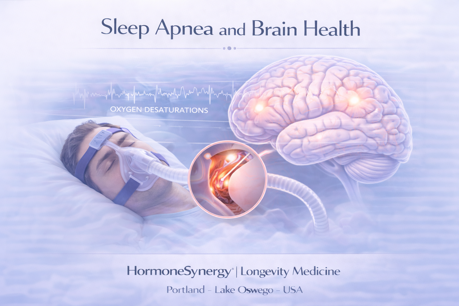 Sleep apnea and brain health illustration showing oxygen desaturation during sleep and its impact on brain function | HormoneSynergy® Longevity Medicine Portland Lake Oswego USA