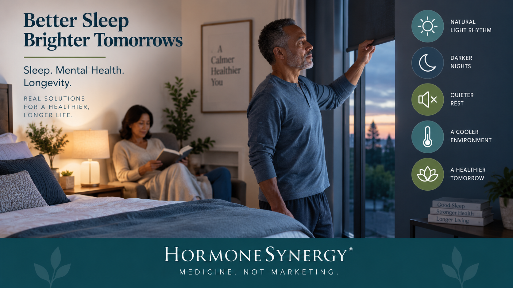Older couple preparing a dark, quiet bedroom for sleep, illustrating circadian light, sleep environment, mental health and longevity.