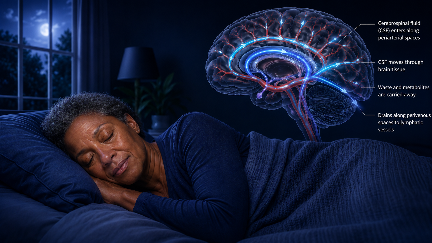 Sleeping woman with subtle brain fluid and vascular visualization illustrating the glymphatic system, NREM sleep and cognitive health.